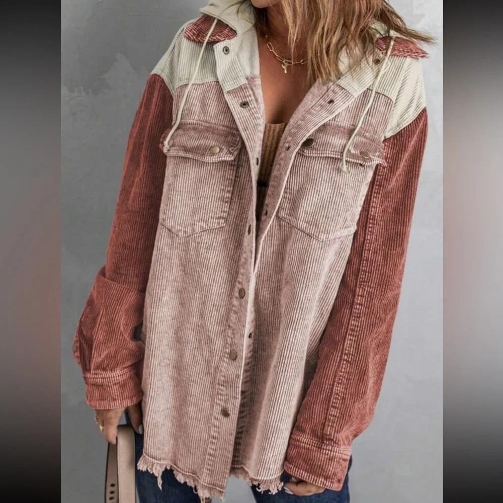 Cozy Corduroy Hoodie Jacket Shacket Button Down Shirt - Picture 1 of 16